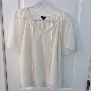 Ann Taylor Cream Swiss-Dot Blouse with Tie Neck and Sheer Sleeves